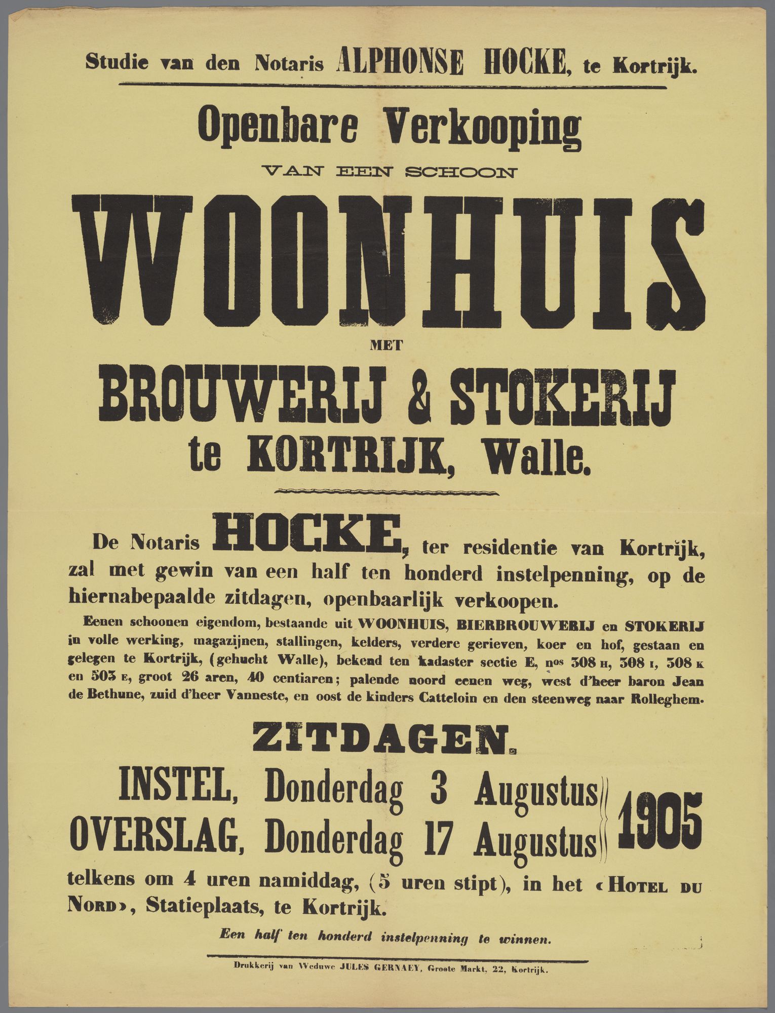 Verkoop woonhuis met brouwerij en stokerij te Kortrijk 1905