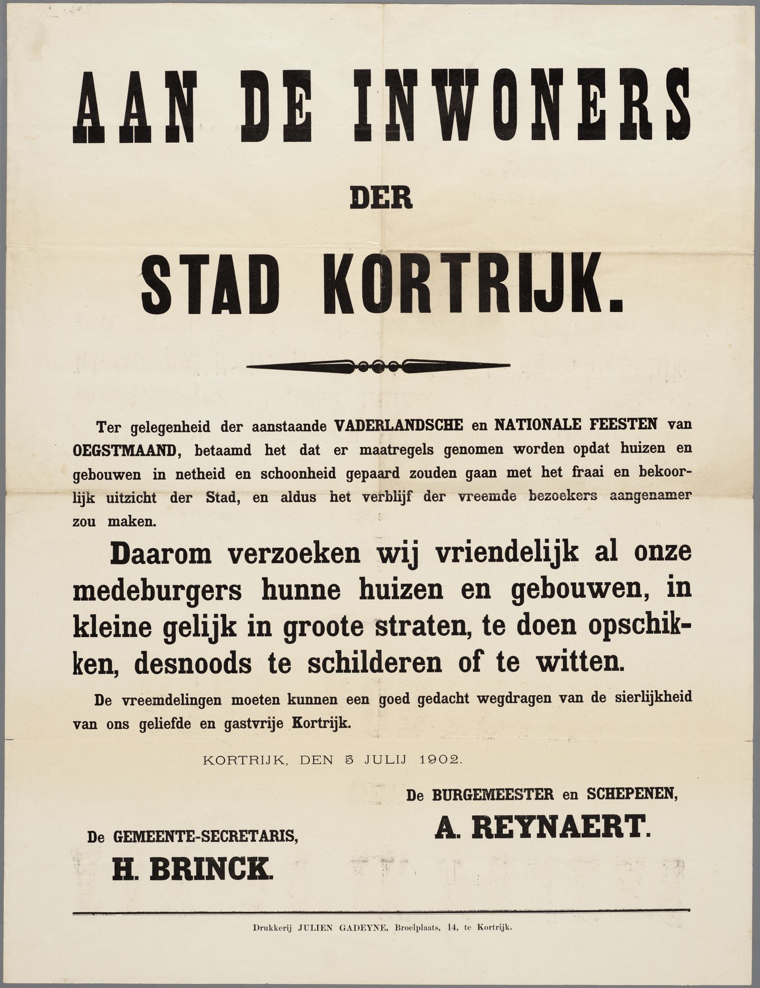 Oproep aan de inwoners van Kortrijk 1902