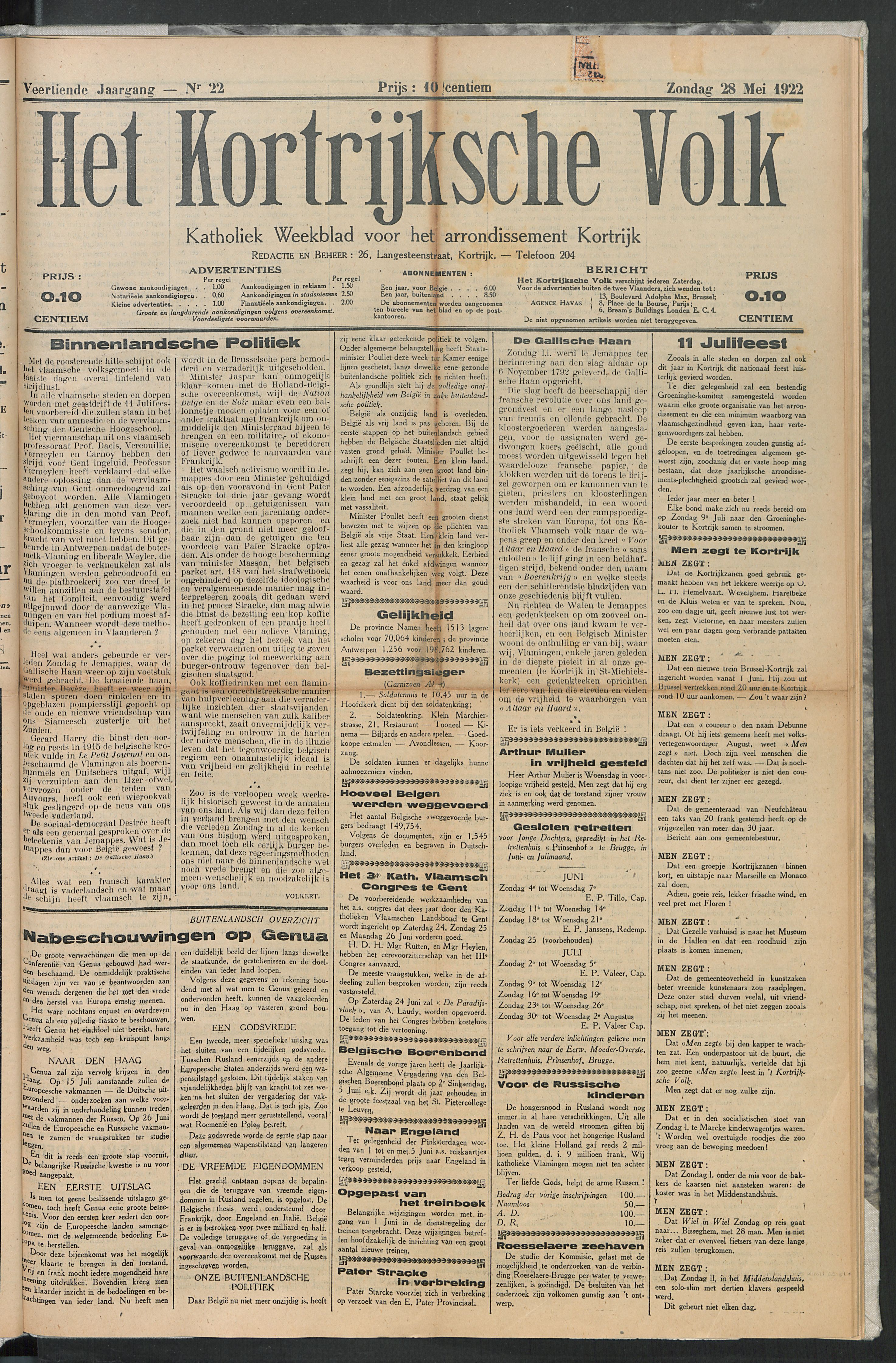 Het Kortrijksche Volk 1922-05-28 p1