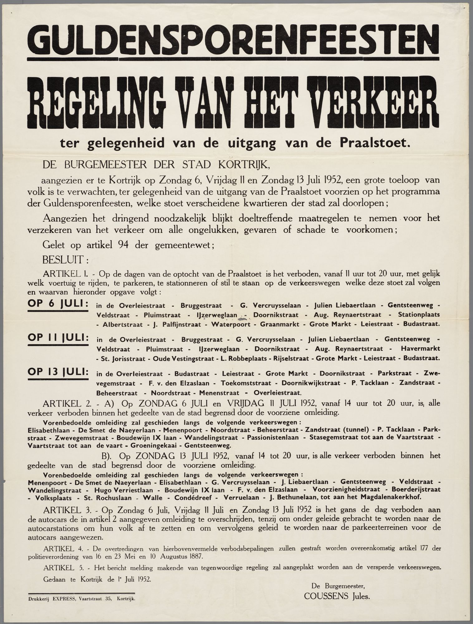 Regeling van verkeer tijdens de Guldensporenviering in 1952