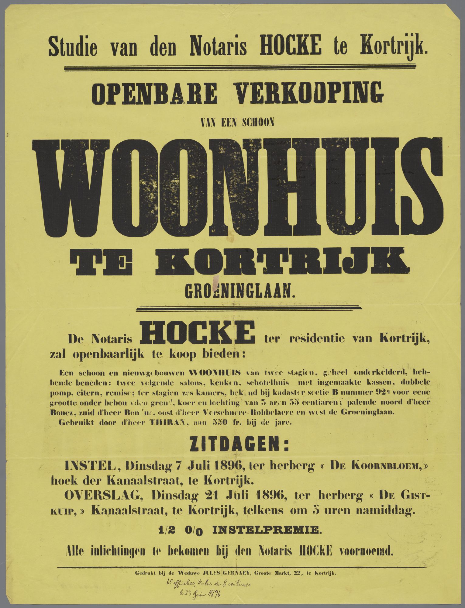 Verkoop van woonhuis te Kortrijk 1896