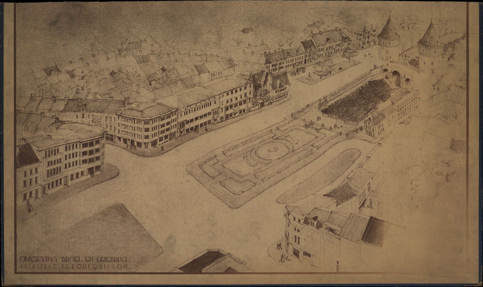 Plattegronden van ontwerpen en afbeeldingen van de omgeving van de Broel en de Leiebrug te Kortrijk, opgemaakt door J.J. Boucquillon, 1941