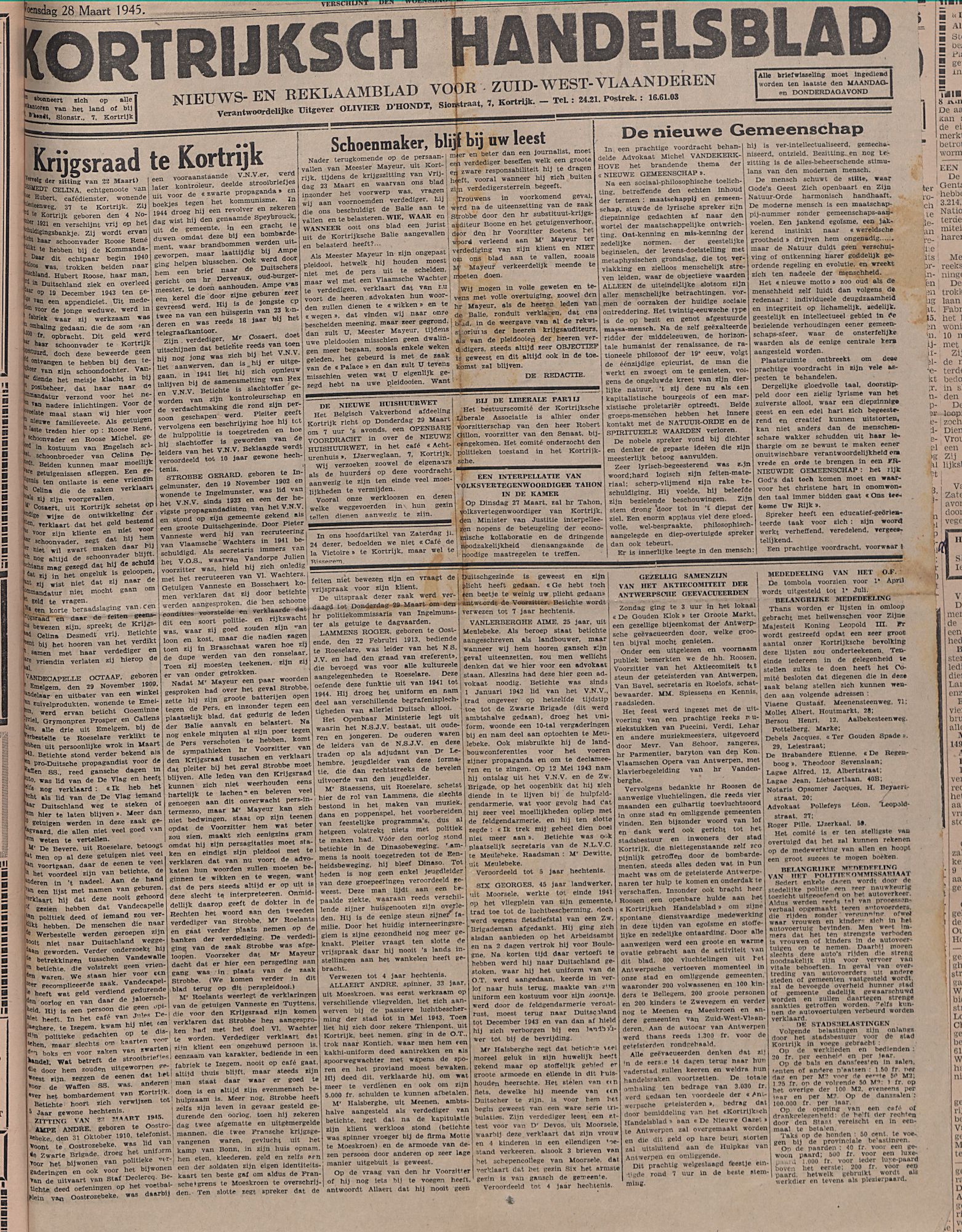 Kortrijksch Handelsblad 28 maart 1945 Nr25 p1