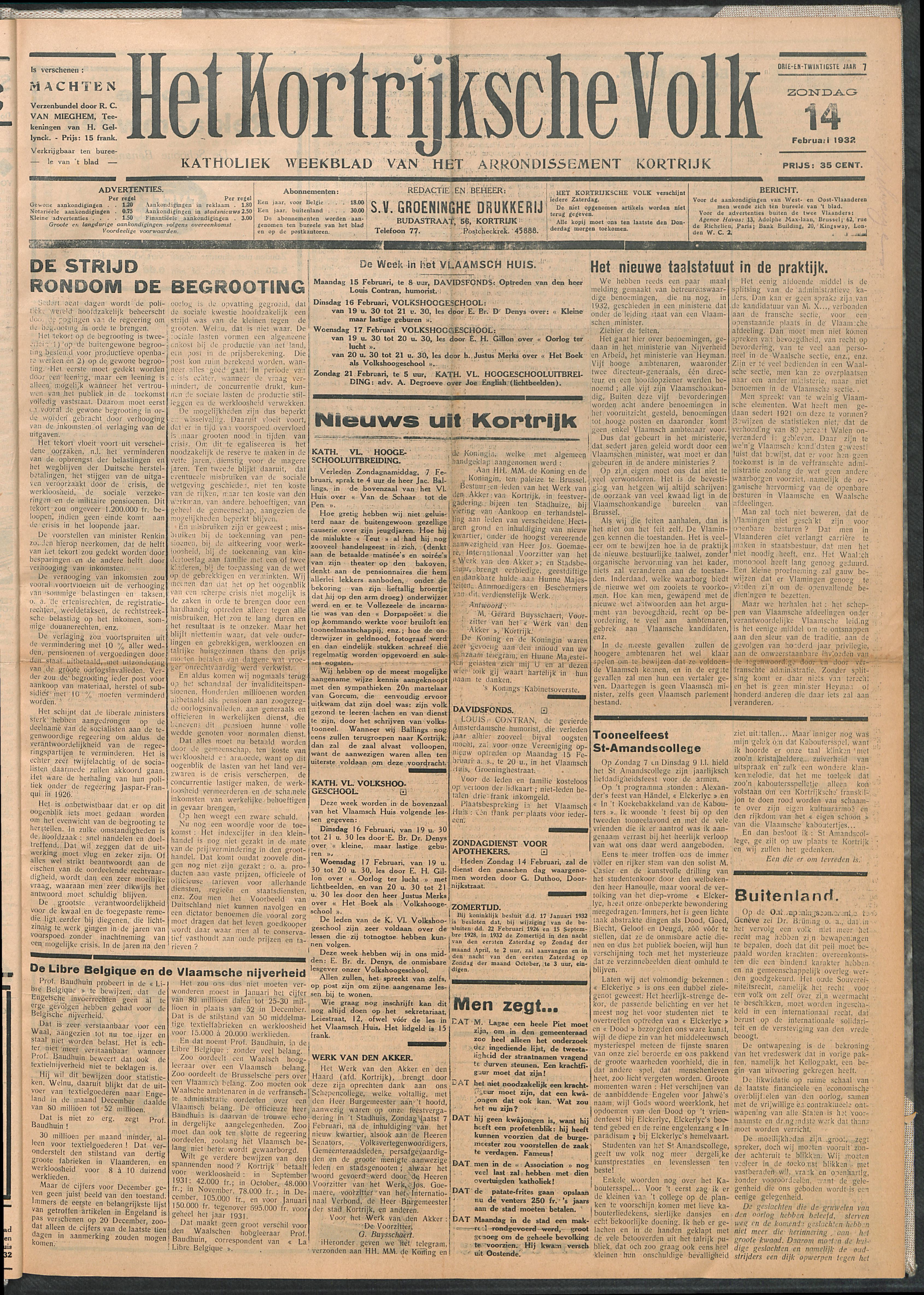 Het Kortrijksche Volk 1932-02-14 p1