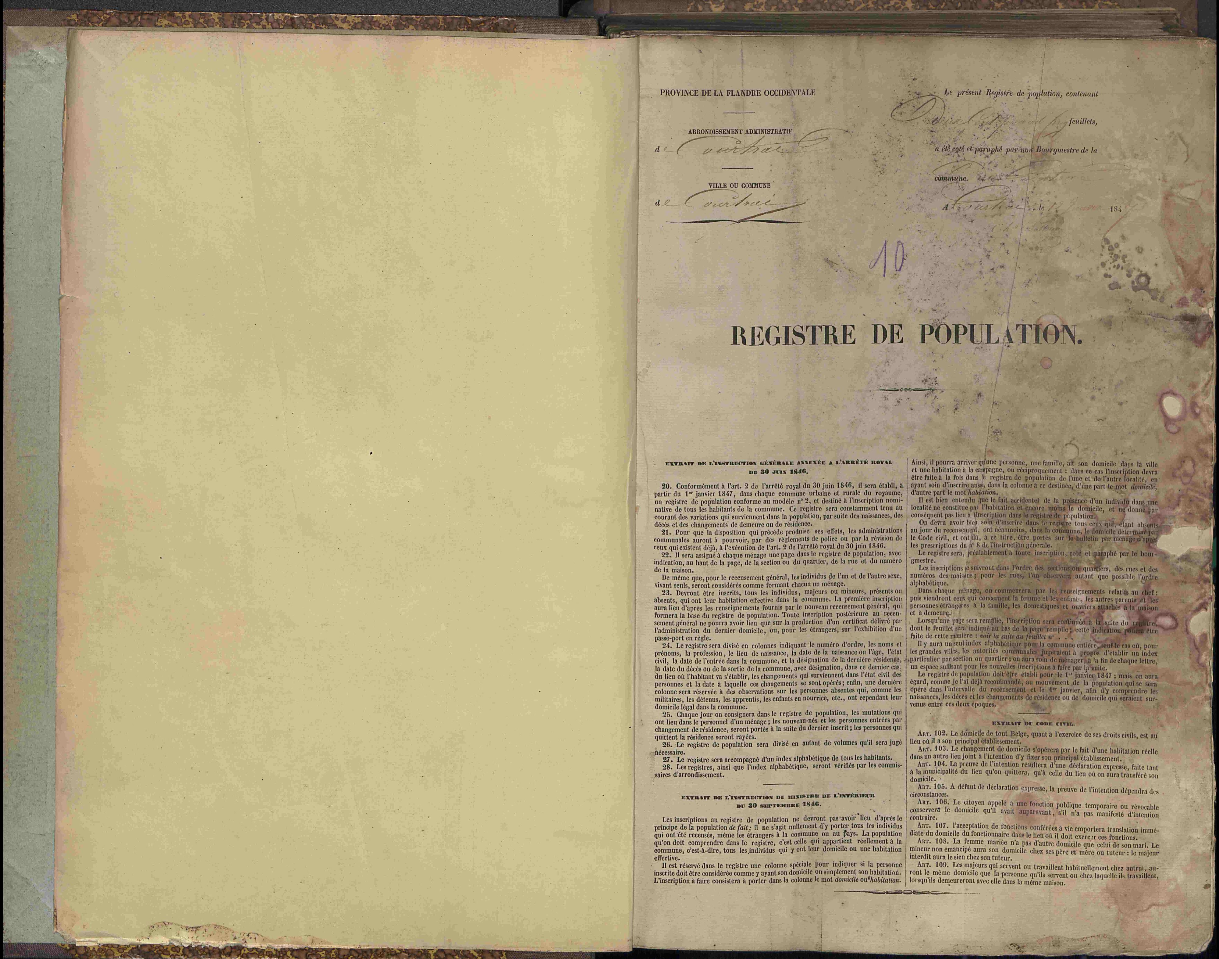 Bevolkingsregister Kortrijk 1846 boek 10