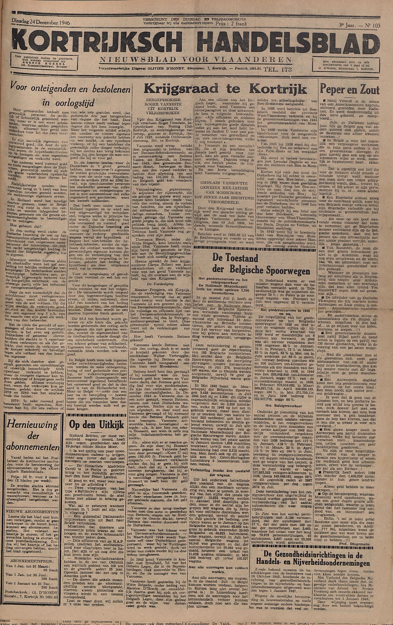 Kortrijksch Handelsblad 24 december 1946 Nr103 p1