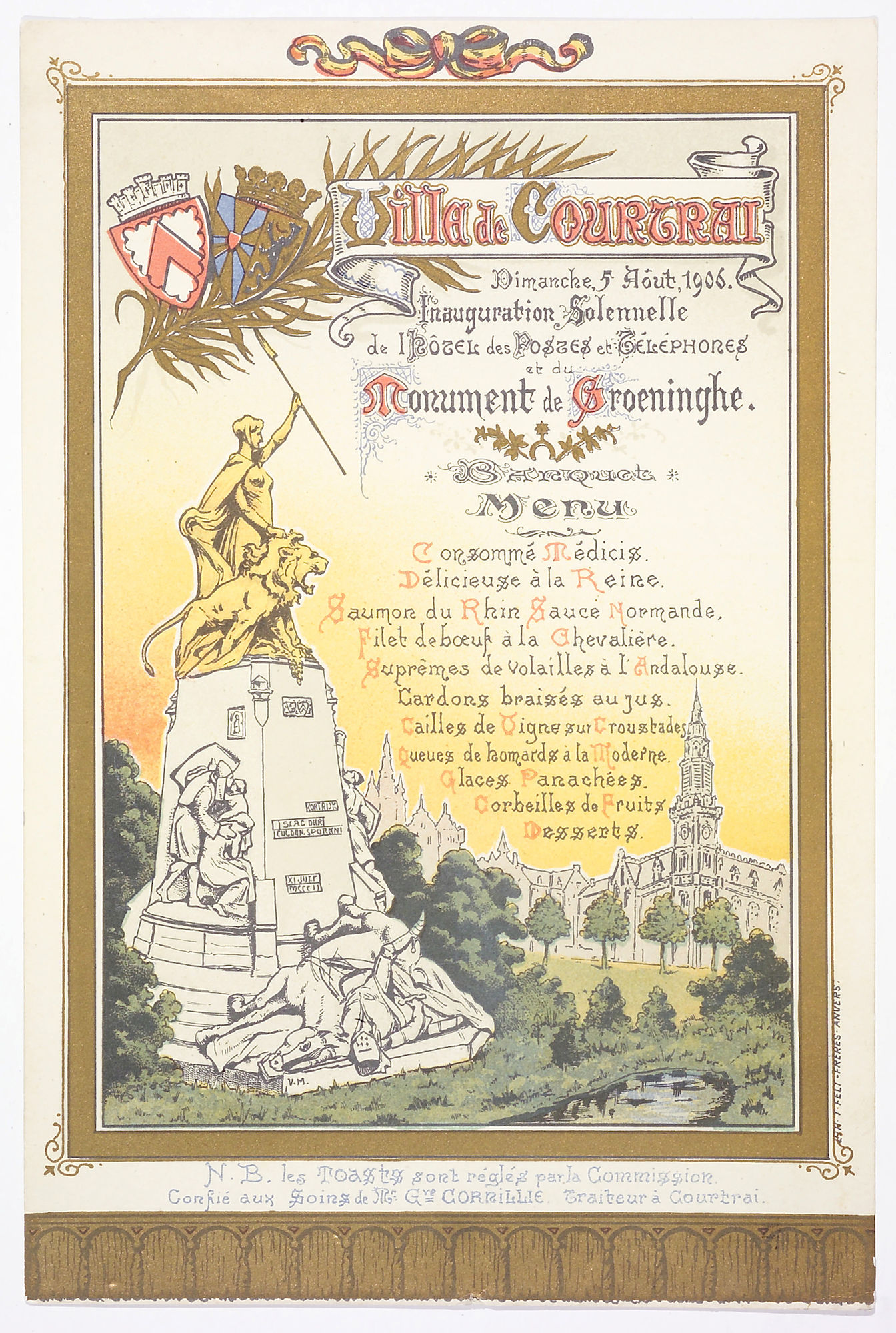 Menukaart van het festijn ter gelegenheid van de onthulling van het Groeningemonument