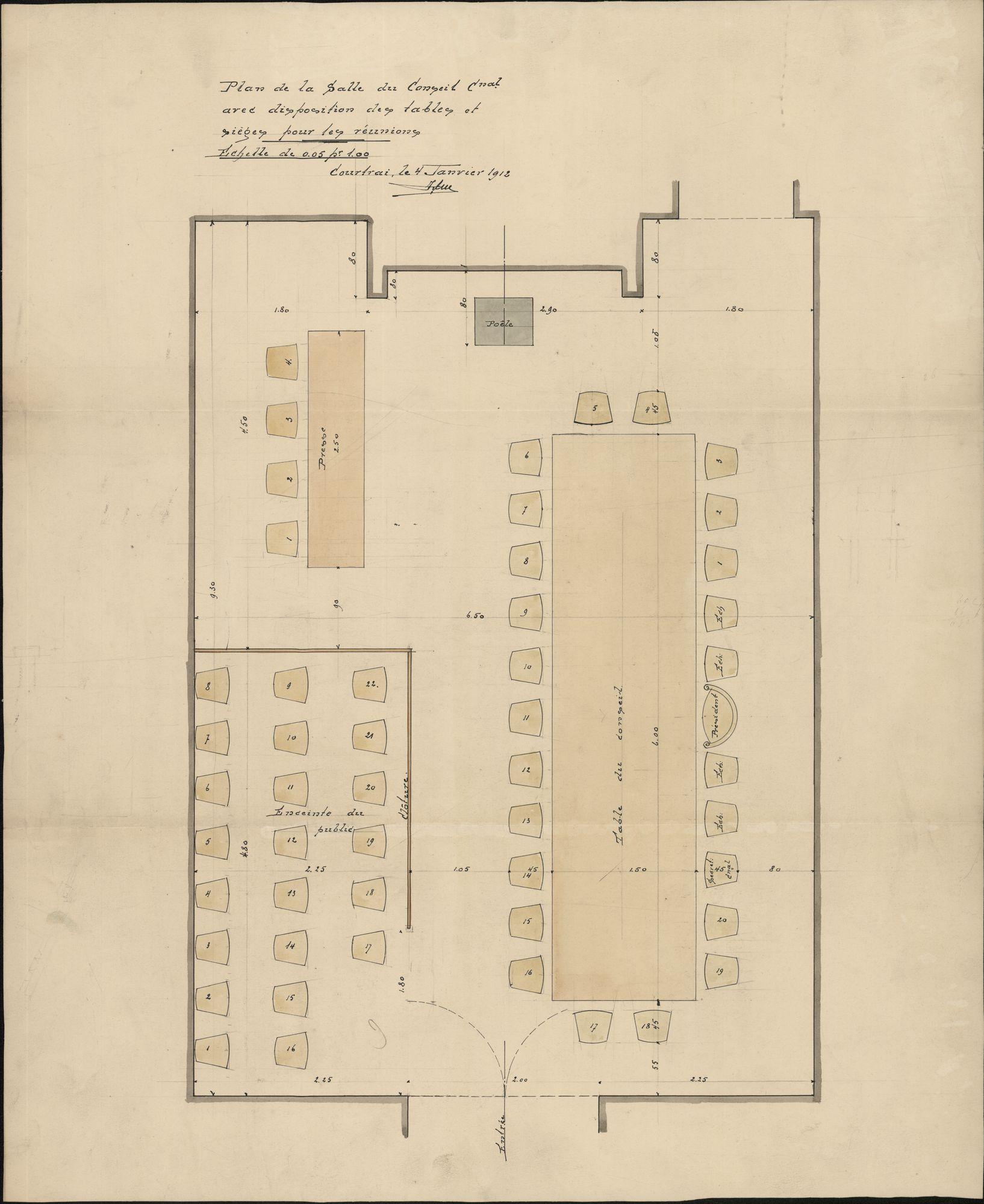 Plattegronden en figuratieve tekeningen i.v.m. tafel en stoelen voor de gemeenteraadszaal in het stadhuis te Kortrijk, 1872-1912