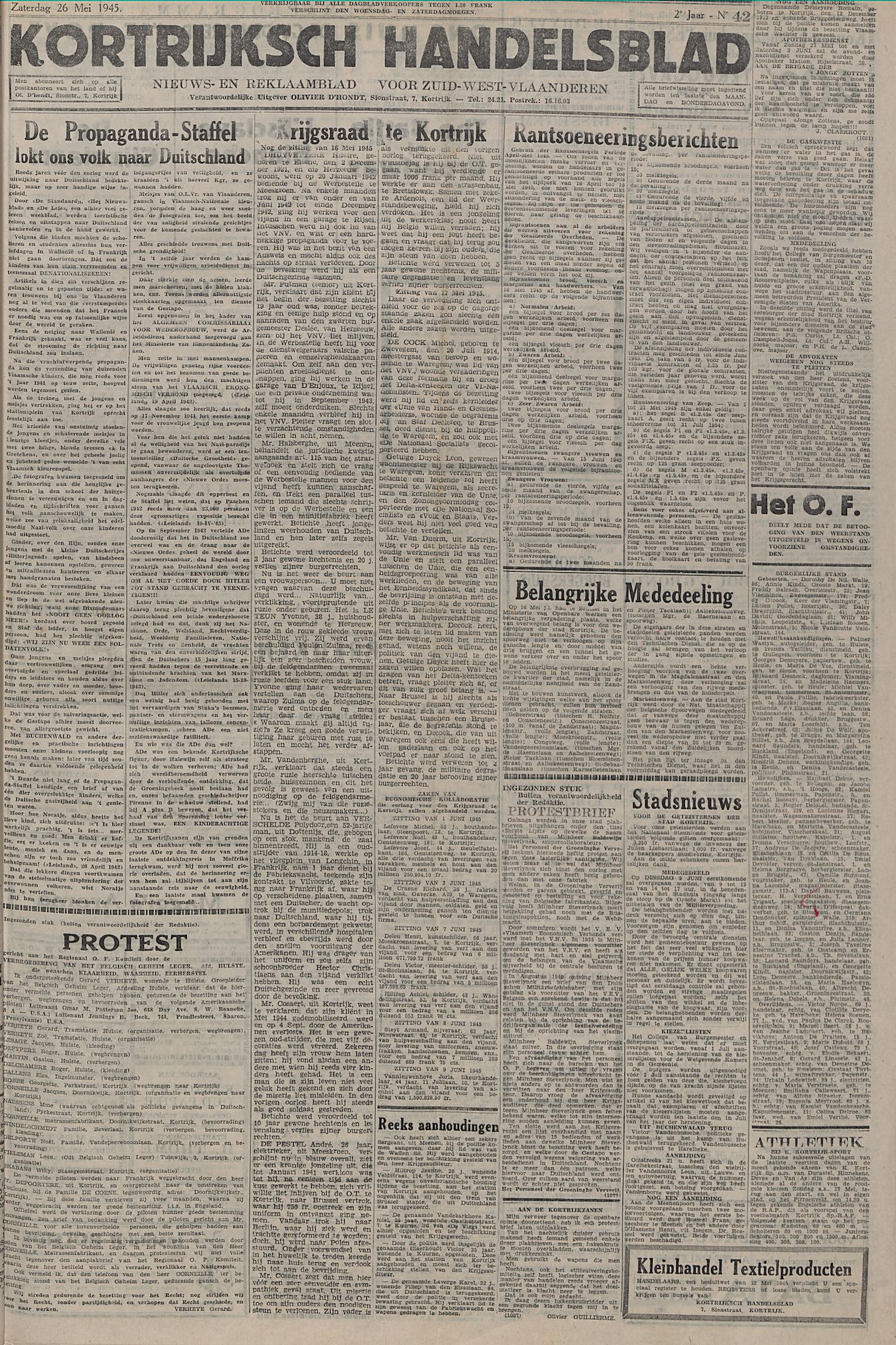 Kortrijksch Handelsblad 26 mei 1945 Nr42 p1