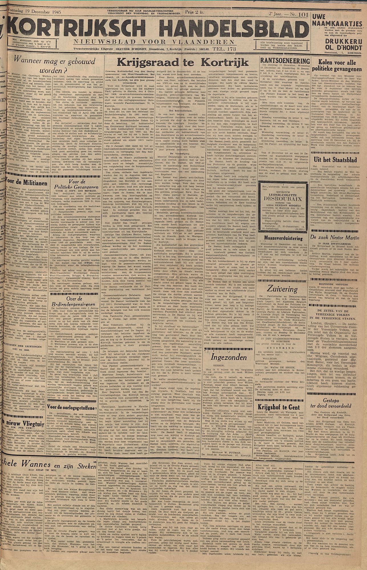 Kortrijksch Handelsblad 19 december 1945 Nr101 p1