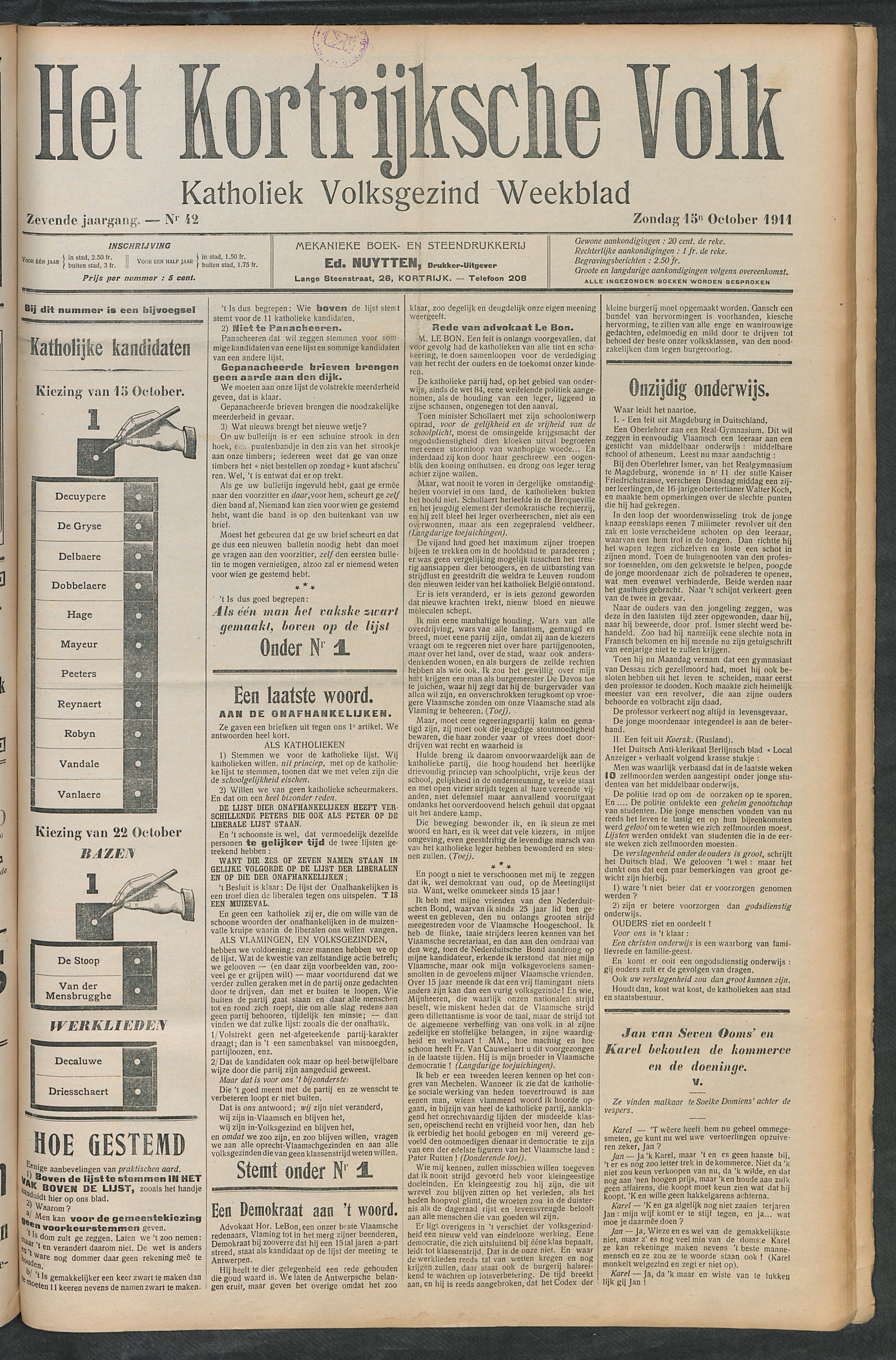 Het Kortrijksche Volk 1911-10-15 p1