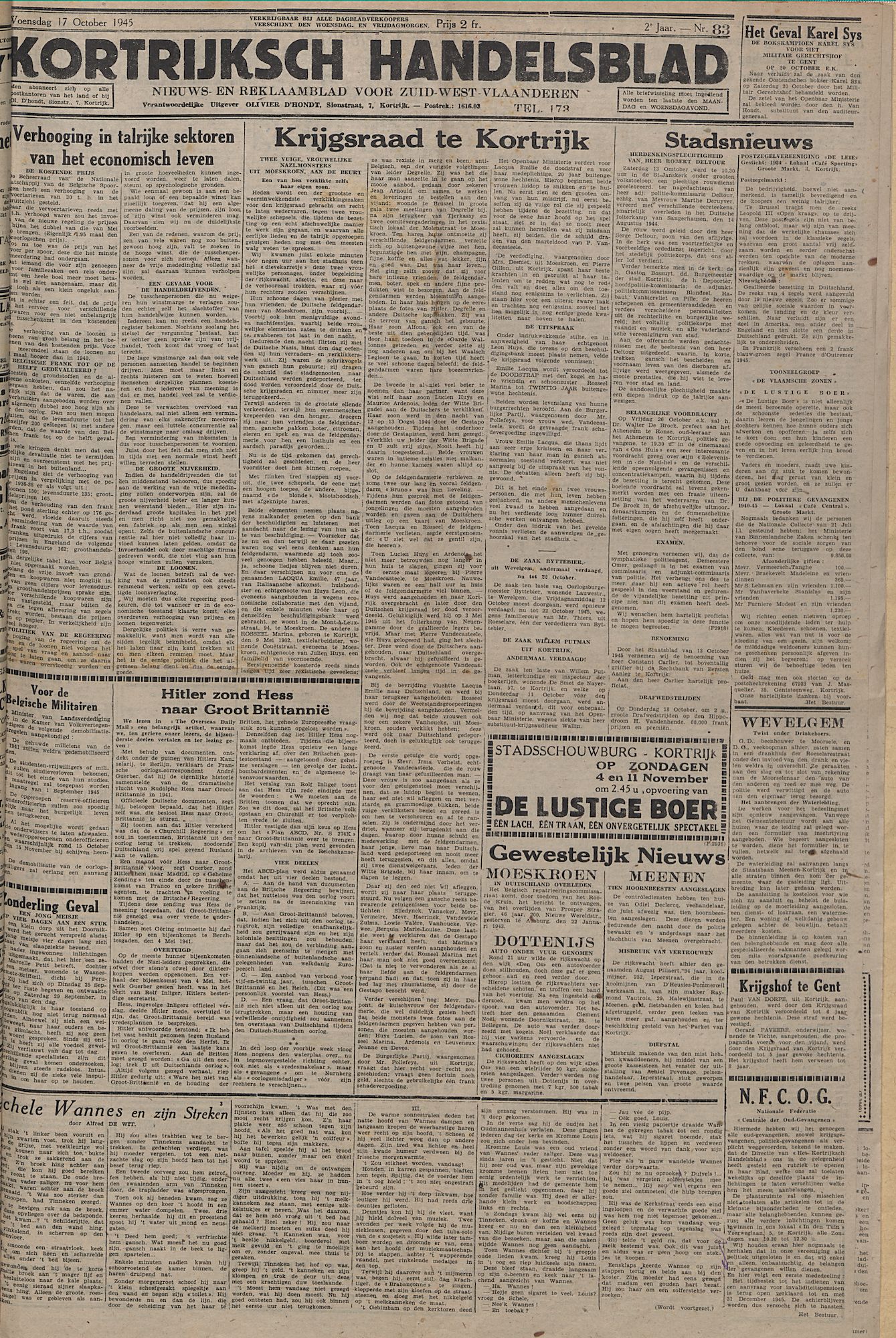 Kortrijksch Handelsblad 17 october 1945 Nr83 p1