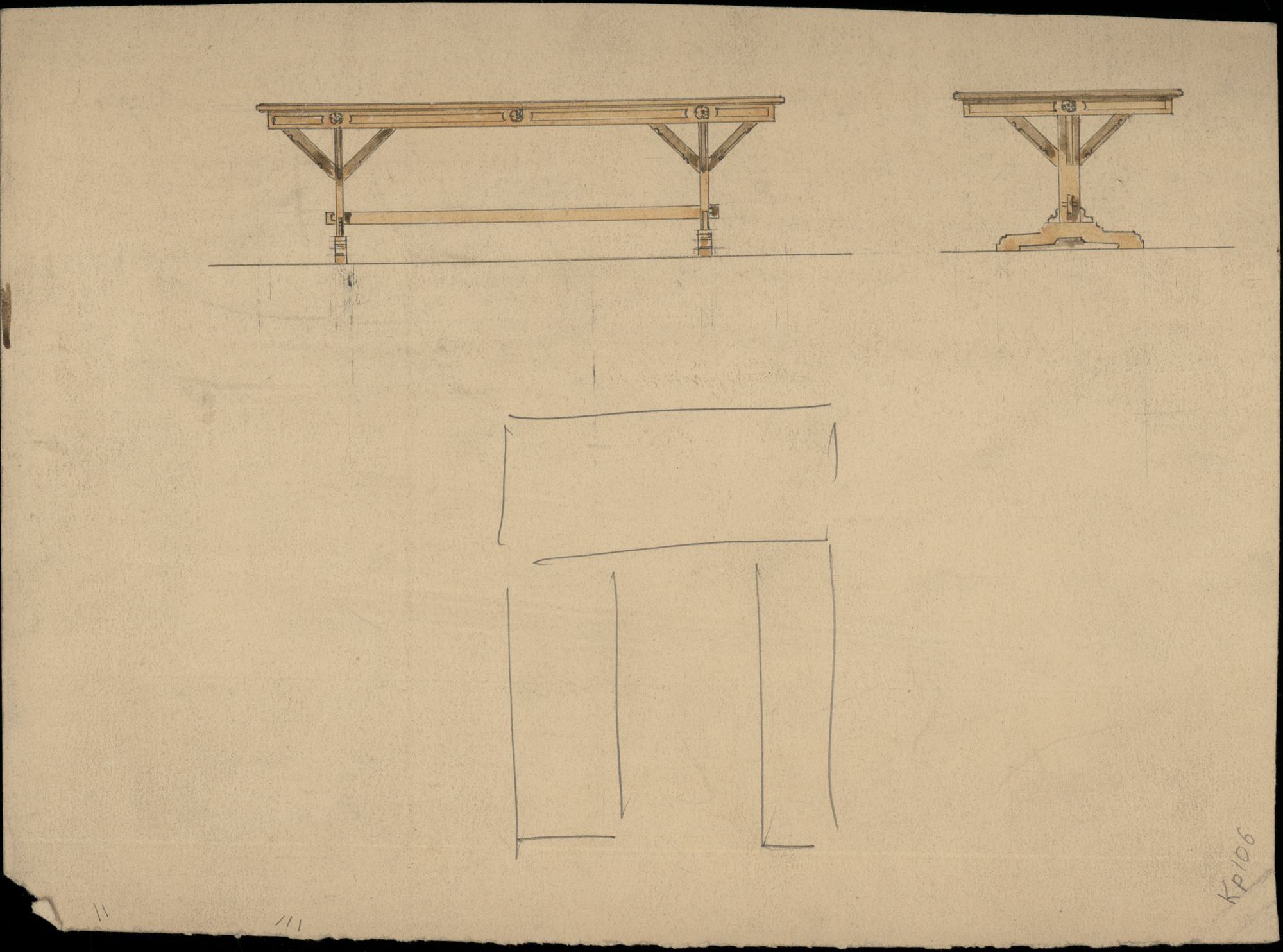 Plattegronden en figuratieve tekeningen i.v.m. tafel en stoelen voor de gemeenteraadszaal in het stadhuis te Kortrijk, 1872-1912