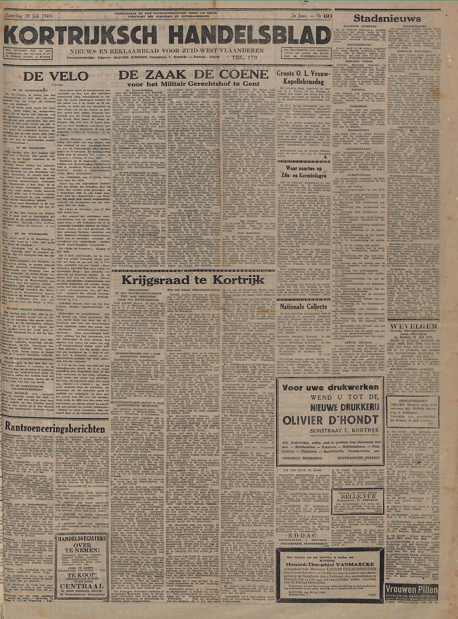 Kortrijksch Handelsblad 28 juli 1945 Nr60 p1