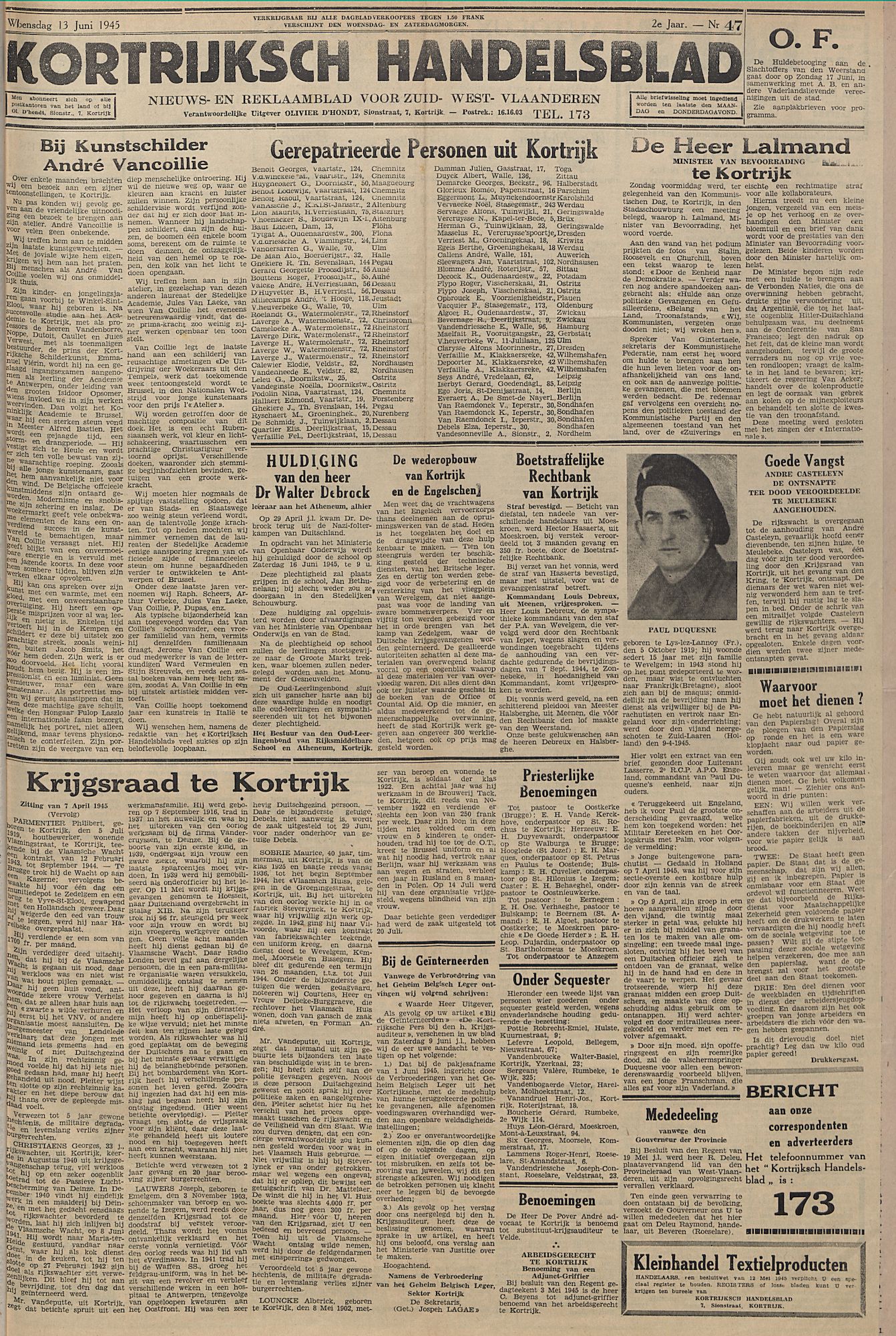 Kortrijksch Handelsblad 13 juni 1945 Nr47 p1