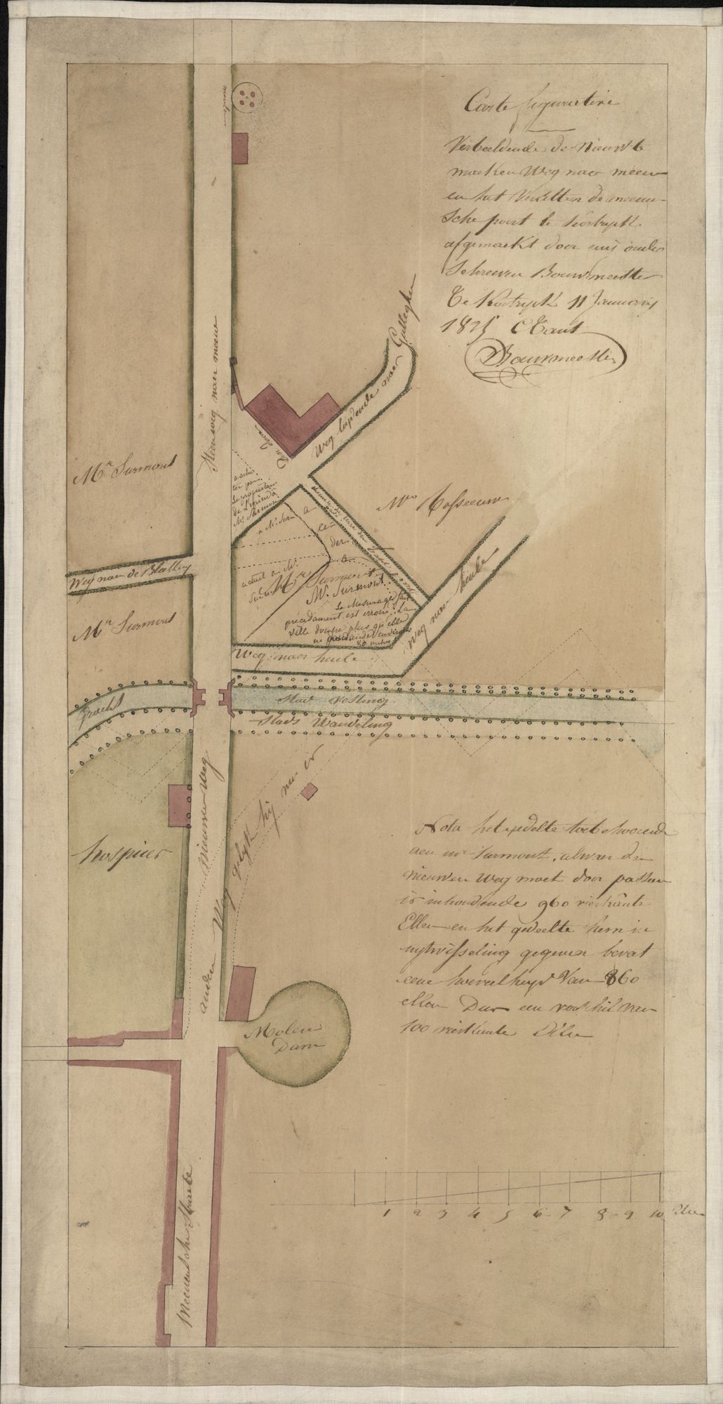 Kaart met plattegrond van de Meensestraat, de Meensesteenweg, de Meensepoort en aanpalende straten en grachten te Kortrijk, 1825