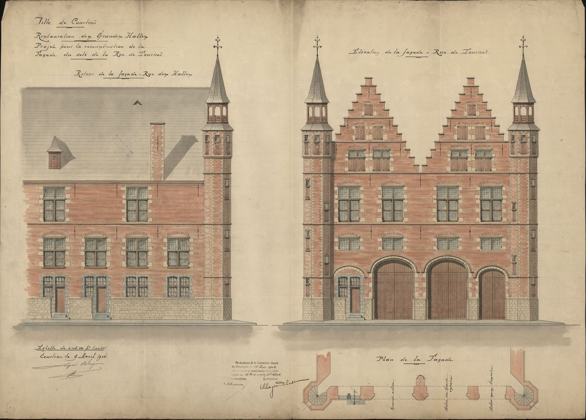 Bouwplannen van gevels van de Grote Hallen te Kortrijk, aan de kant van de Doorniksestraat, opgemaakt door Degeyne, 1904.