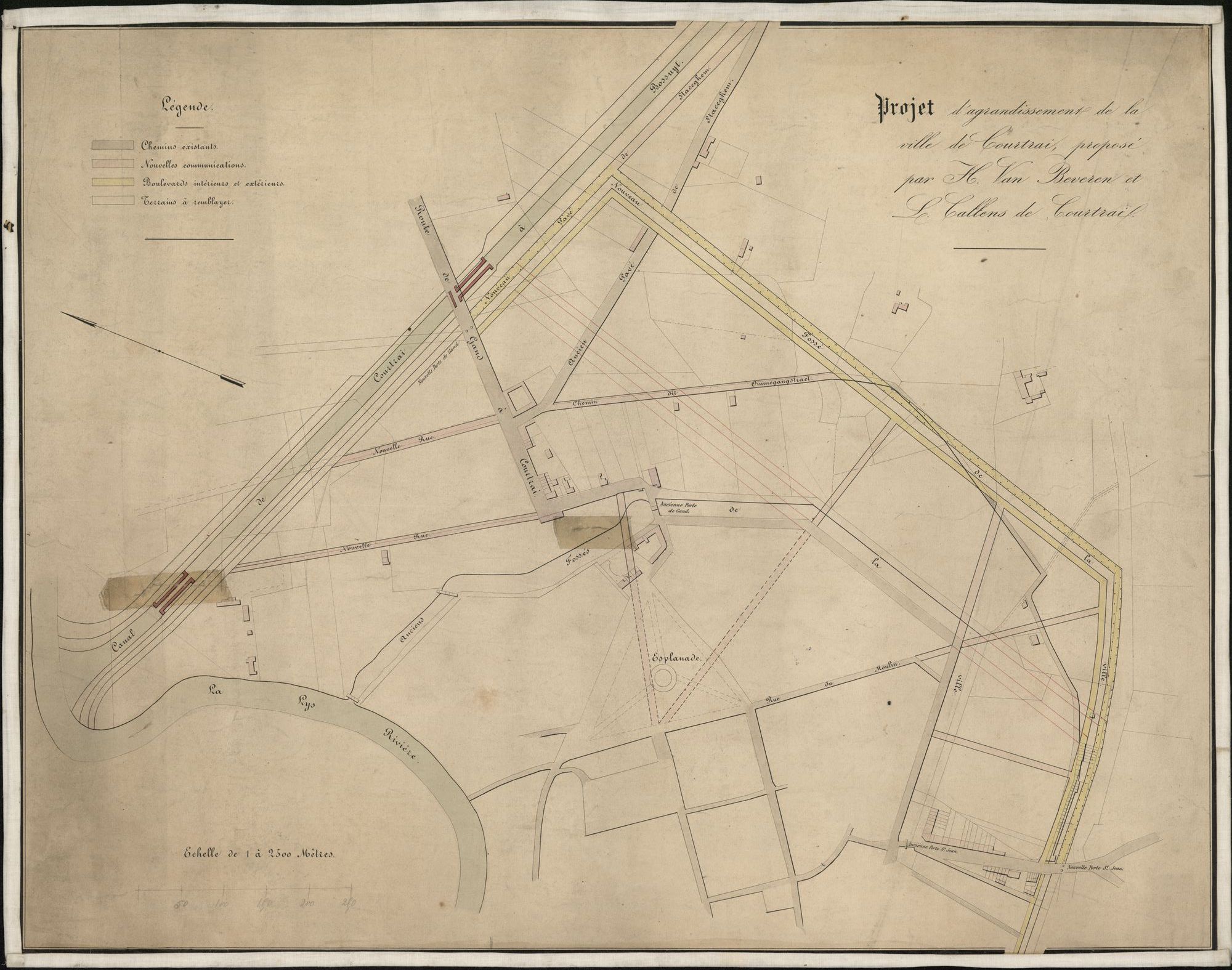 Plattegrond met ontwerp voor een uitbreiding aan de oostkant van de stad Kortrijk met opgave van nieuwe straten en grachten tussen het kanaal en de Sint-Janspoort, opgemaakt door H. Van Beveren en L. Callens, ± 1865